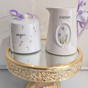 Floral Cream and Sugar Set on Gold Stand